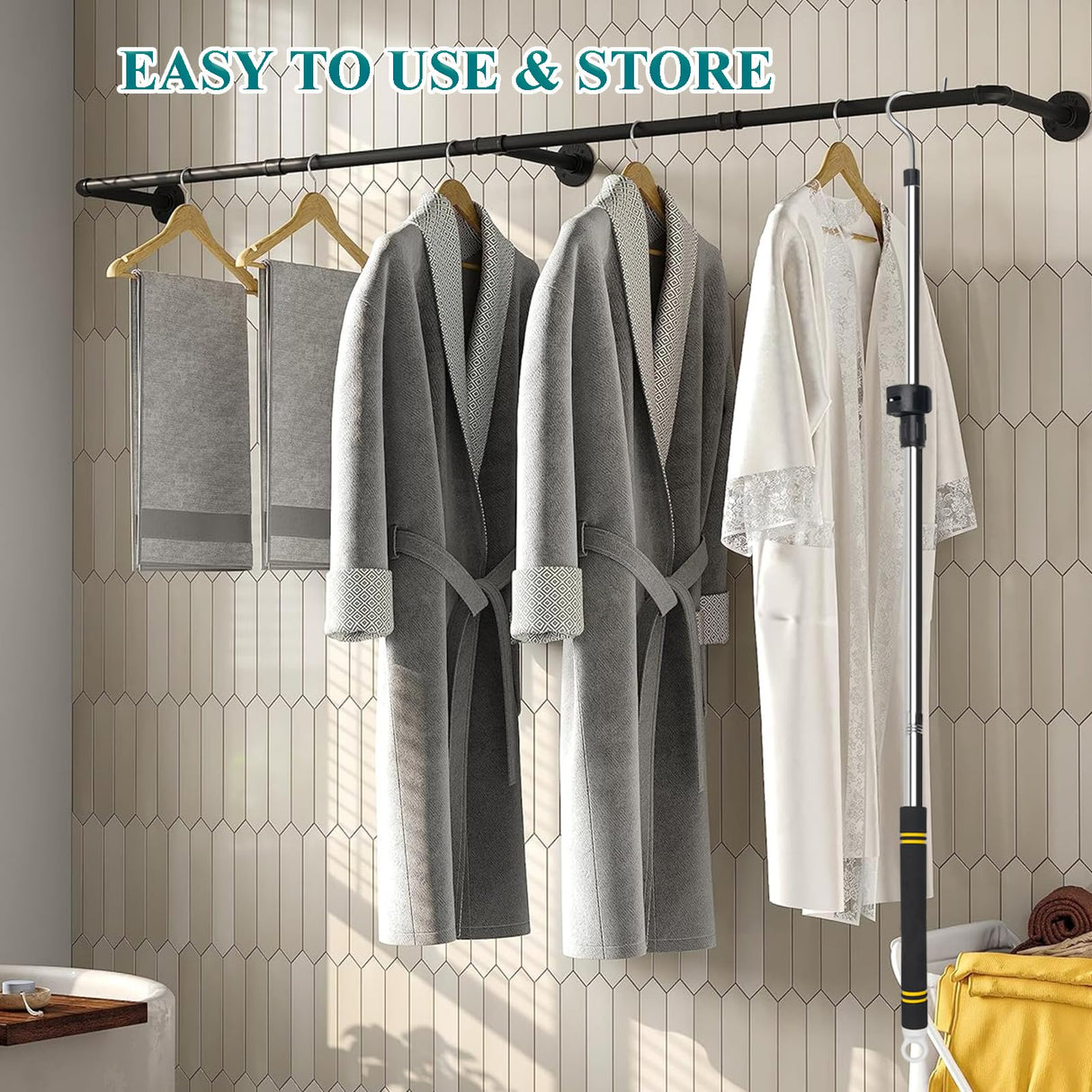 Greeily Clothes Hanger Reaching Hook Telescopic Adjustment clothes hook pole Light and can Extend from 37" to 65" with 4.7 "Hook and Sponge Handle.