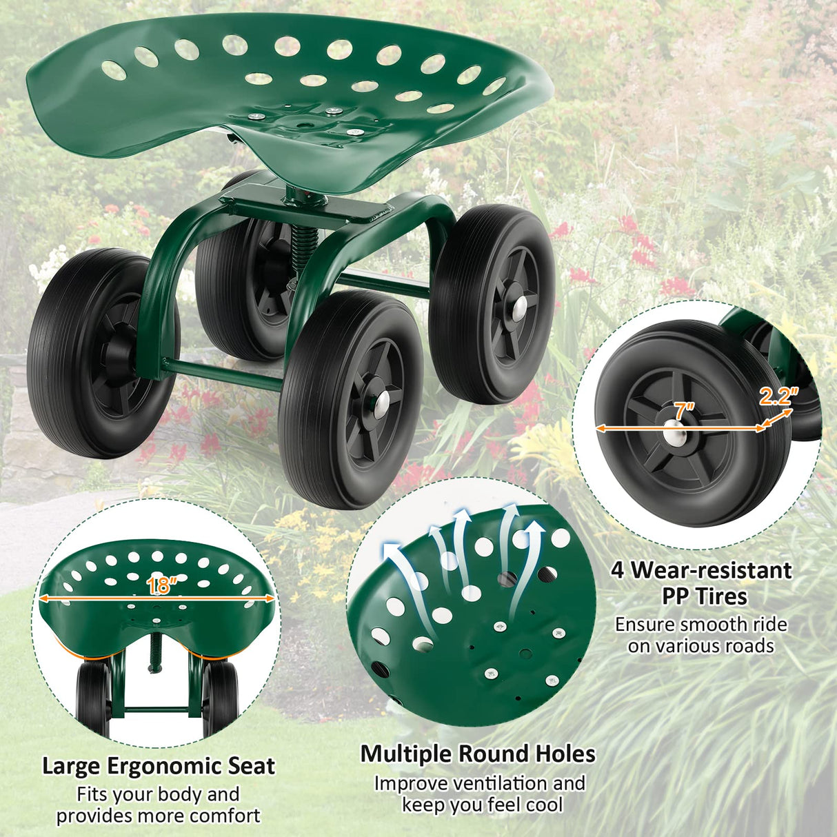 Toolsempire Garden Cart with Seat, Heavy-Duty Rolling Outdoor Wagon Scooter w/Height Adjustable & 360° Swivel Seat, Gardening Work Seat Stool, Patio Scooter on Wheels for Lawn Yard Planting (Green)
