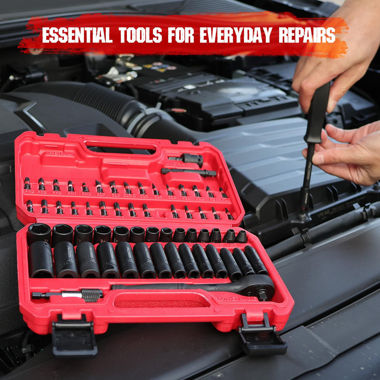 64-Piece 1/4" Drive Impact Socket Wrench Driver-Bits Set, Cr-V Metric&SAE Deep and Shallow Socket Set, S2 Power Bits with Quick-Release Ratchet Handle, Universal Joint, Bit Holder, Power Drill Adapter