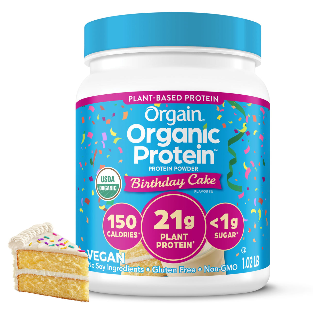 Orgain Organic Vegan Protein Powder, Birthday Cake - 21g Plant Based Protein, 7g Prebiotic Fiber, Low Net Carb, No Lactose Ingredients, No Added Sugar, Non-GMO, for Shakes & Smoothies, 1.02 lb