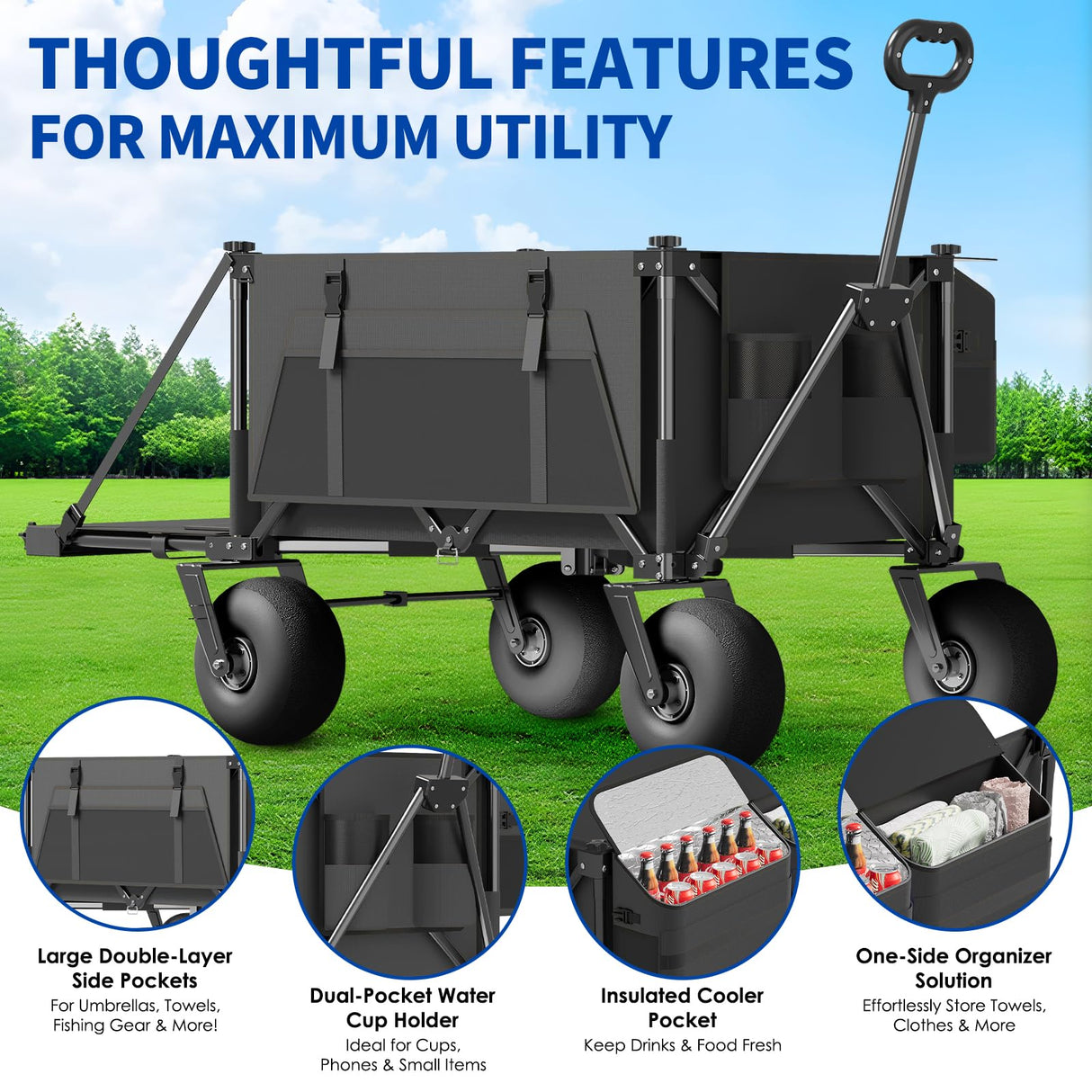 Beach Wagon with Big Wheels for Sand - 450lbs Load Heavy Duty Wagons Carts Foldable with 9" All Terrain Inflatable Tires, Collapsible Beach Cart for Grocery Shopping Garden Sports Camping Outdoor