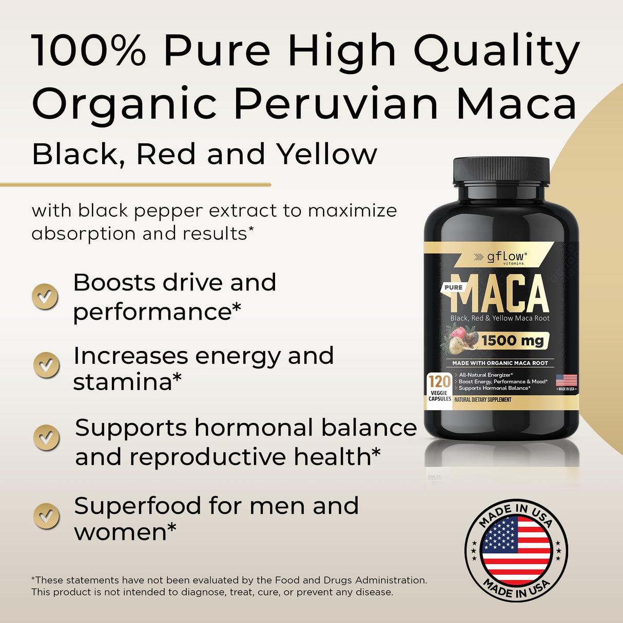 gflow vitamins Organic Maca Root Capsules 1500mg - Made with Black, Red, Yellow Peruvian Maca Root Extract & Black Pepper - 120 Vegan Pills - Supports Energy, Performance & Mood for Men & Women