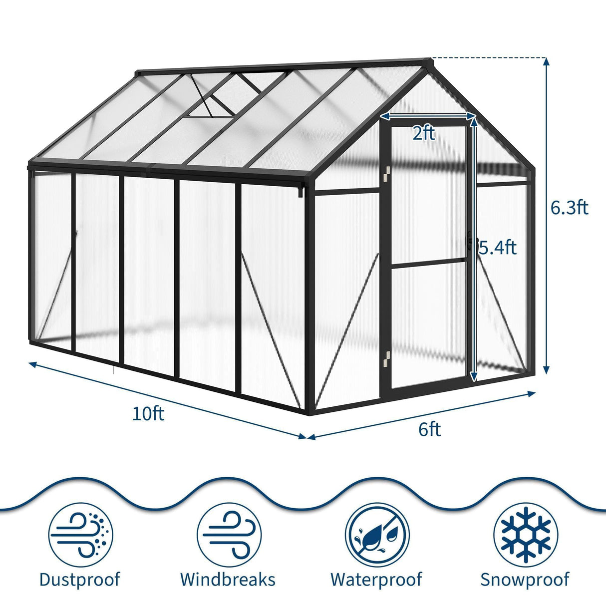 6X10 FT Greenhouse for Outdoors, Polycarbonate Flower Greenhouse with Roof Vent, Push-Pull Lockable Door, Aluminum Walk-in Greenhouses for Outside Garden Backyard, Patio, Lawn, Black