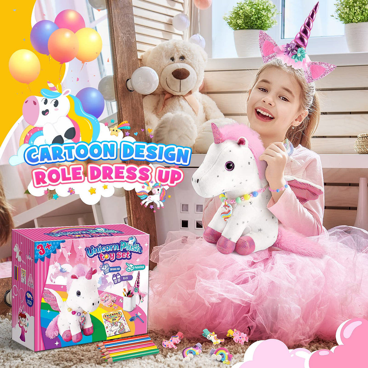 21-Piece Unicorn Gift Set for Girls Ages 3-8 | Soft Plush Stuffed Animals & Dress-Up Accessories Bundle | Idea Birthday Gifts, Christmas Presents, Party Favor for Kids Toddler Girls