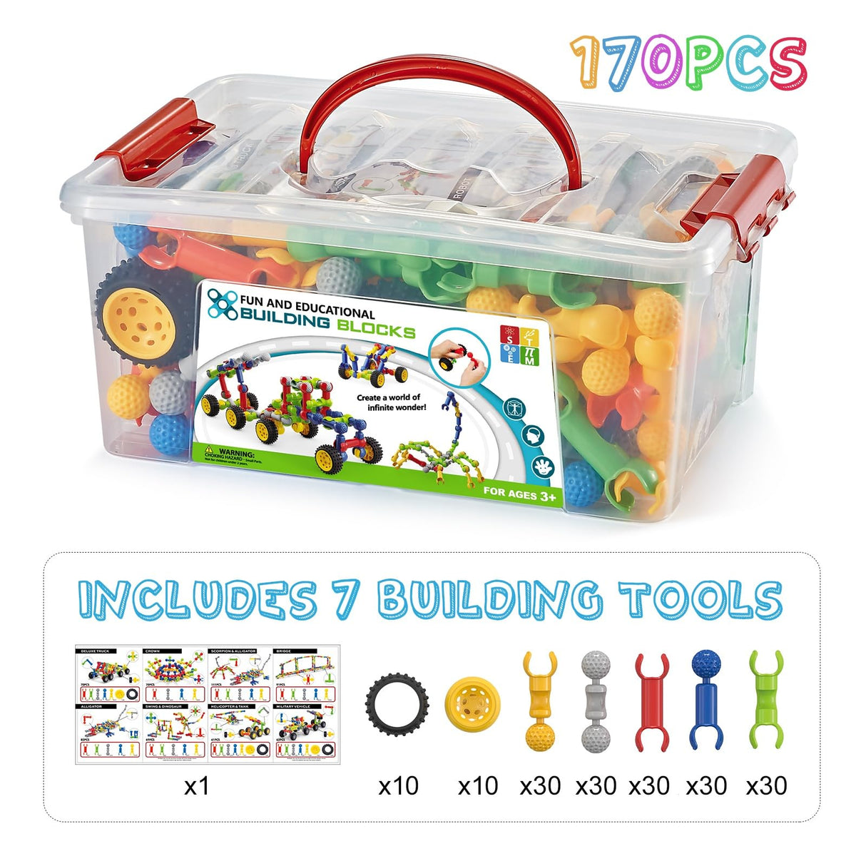 170 Pcs Building Toys for Kids Ages 4-8 with Toy Box Storage, Idea Guide, Building Blocks STEM Toys for 3 4 5 6 7 8 9 Year Old Creative Kids Activity, Christmas Birthday Gifts for Boys Girls