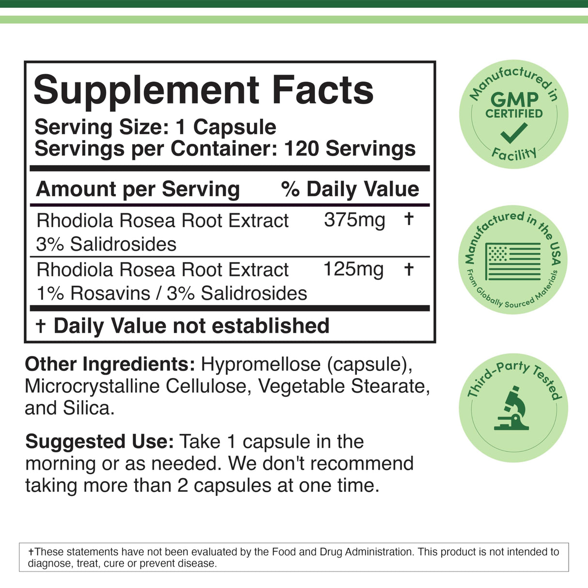 Rhodiola Rosea Supplement 500mg, 120 Vegan Capsules (Third Party Test, Gluten Free, 3% Salidrosides, 1% Rosavins Extract) for Performance, Calming, Motivation by Double Wood