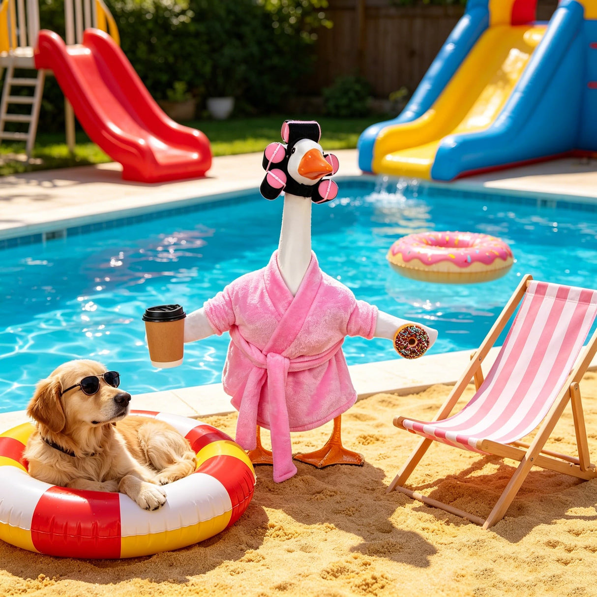 yuboo 23 Inch Pink Lady Porch Goose Outfits, Bathrobe Porch Goose Statue Costume with Cute Curlers and Coffee Cup, Funny Summer Lawn Yard Garden Patio Decor, Cute Goose Clothes Cement