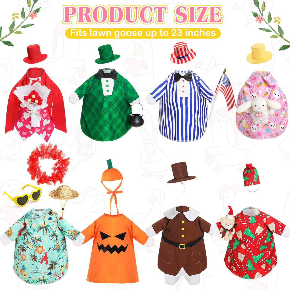 Silicherry 8 Set Seasonal Holiday Goose Outfits Christmas Valentine's Day Summer All Seasons Lawn Porch Goose Clothes Costume for 23" Cement Statue Garden Patio Outdoor Decoration(Boy Style)