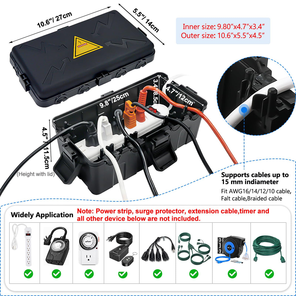 Hrensaw Medium Outdoor Electrical Box(10.6x5.5x4.5inch),Weatherproof Connection Box w/6 Cable Entry,IP54 Waterproof Extension Cord Cover Protect Power Strip,Timer,Plug,Holiday Lights,Black