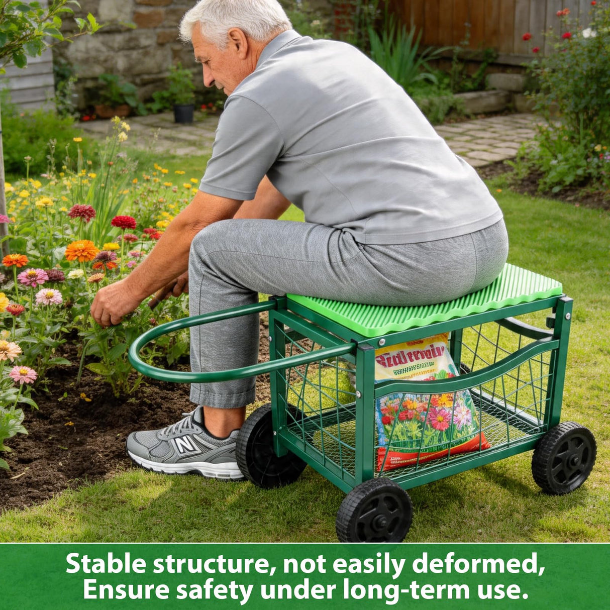 Rolling Garden Workseat with Wheels, Metal Frame Gardenning Stools with Padded Cushion,Hold 150Kgs