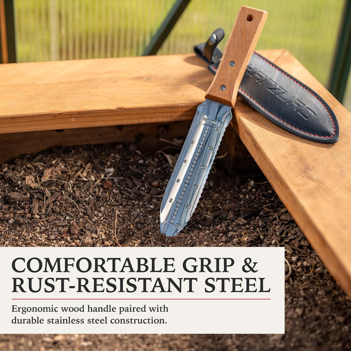 Kanzuro Hori Hori Garden Knife - Japanese Style Weeding & Digging Knife with Stainless Steel Blade, Depth Markings, Wooden Handle & Protective Sheath (Silver)