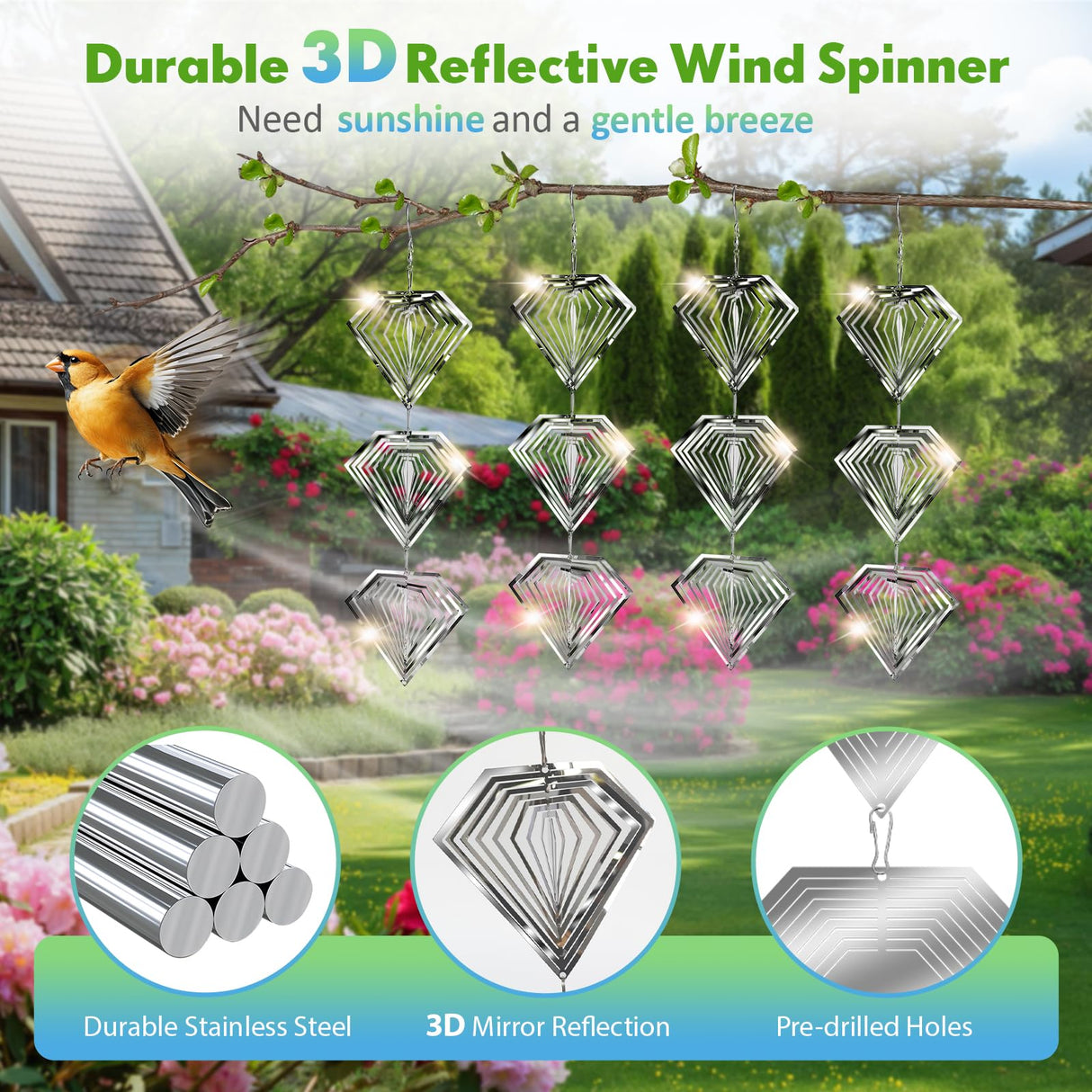 Superlong Bird Deterrents for Outside, 12 Discs Stainless Steel 3D Wind Spinners Garden Decor, 4 Sets Reflective Bird Scare Devices to Keep Woodpeckers, Pigeons Away from Patio, Balcony, Porch, Deck