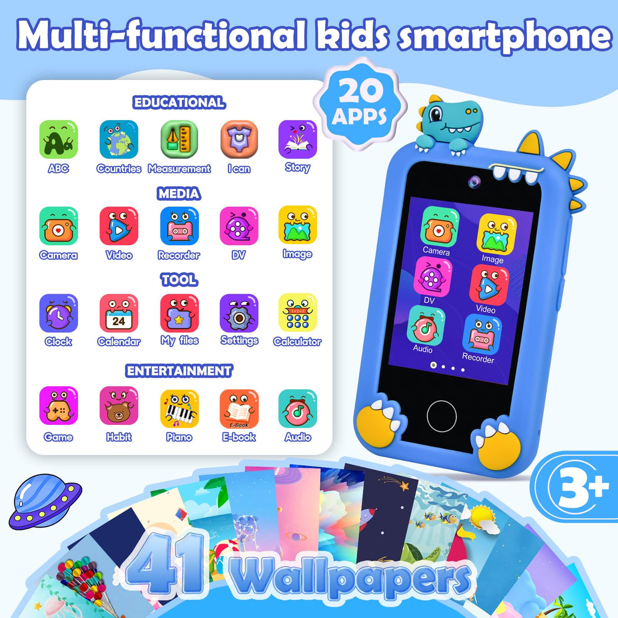 Jusvenmt Kids Phone for Boys, Dinosaur Toy Phone Christmas Birthday Gifts for Boy Ages 3-10, Toddler Learning Phones with Touchscreen, 44 Game, Dual Camera, Music Player, 32GB Card & Dino Bag (Blue)