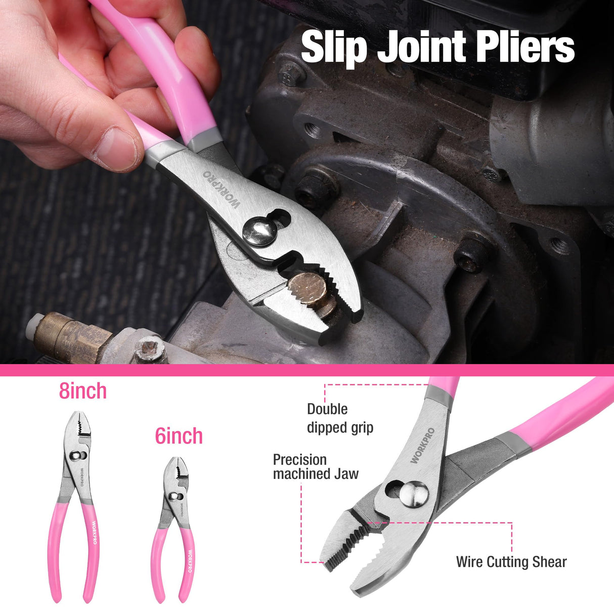 WORKPRO 7-piece Pliers Set with Groove Joint, Long Nose, Slip Joint, Linesman, and Diagonal Pliers for DIY & Home Use - Pink Ribbon