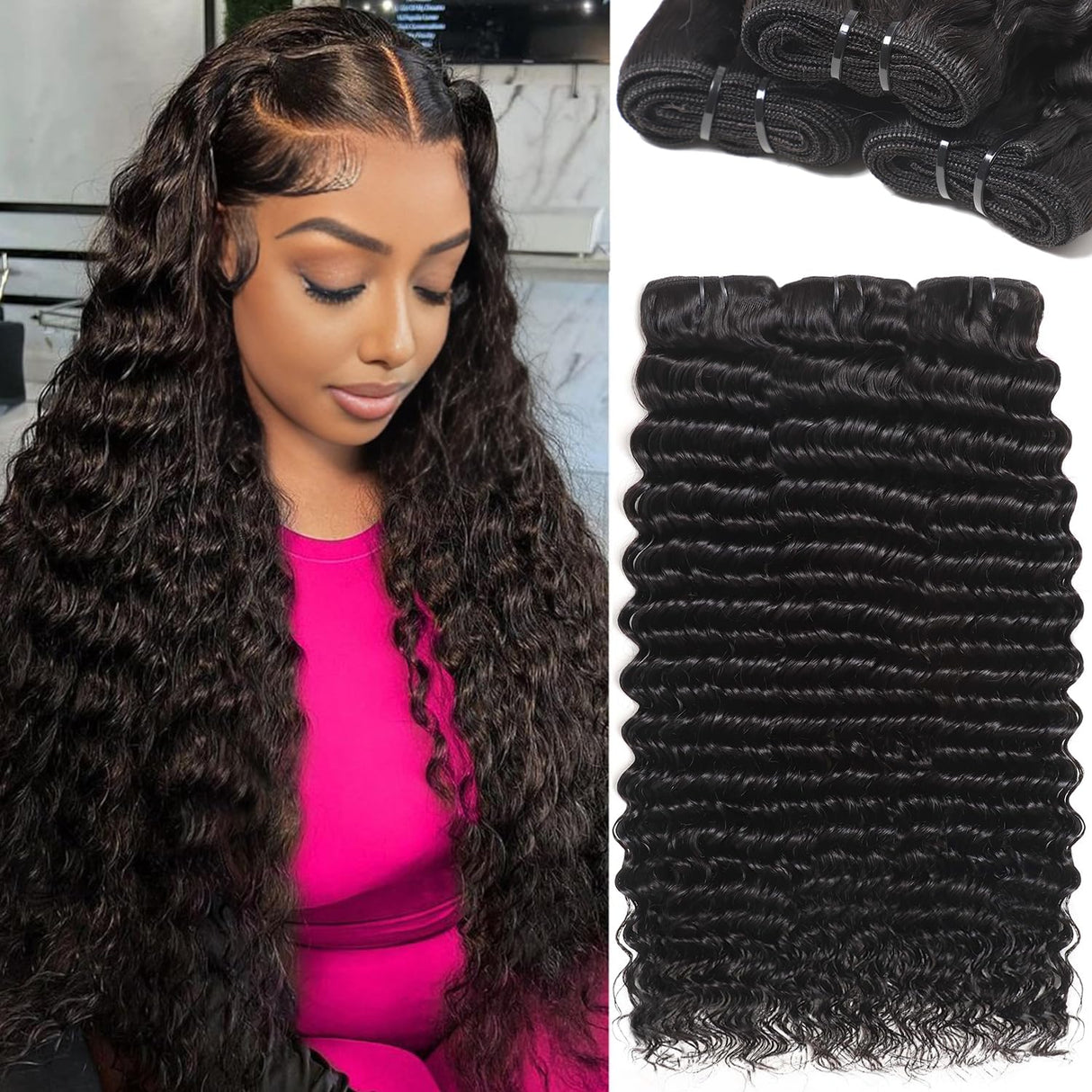12A Deep Wave Human Hair Bundles 22 24 26 Inch Brazilian Virgin Depp Weave Curly Bundles Human Hair 3 Pcs 100% Unprocessed Virgin Remy Hair Natural Black Water Wave Human Hair Extensions