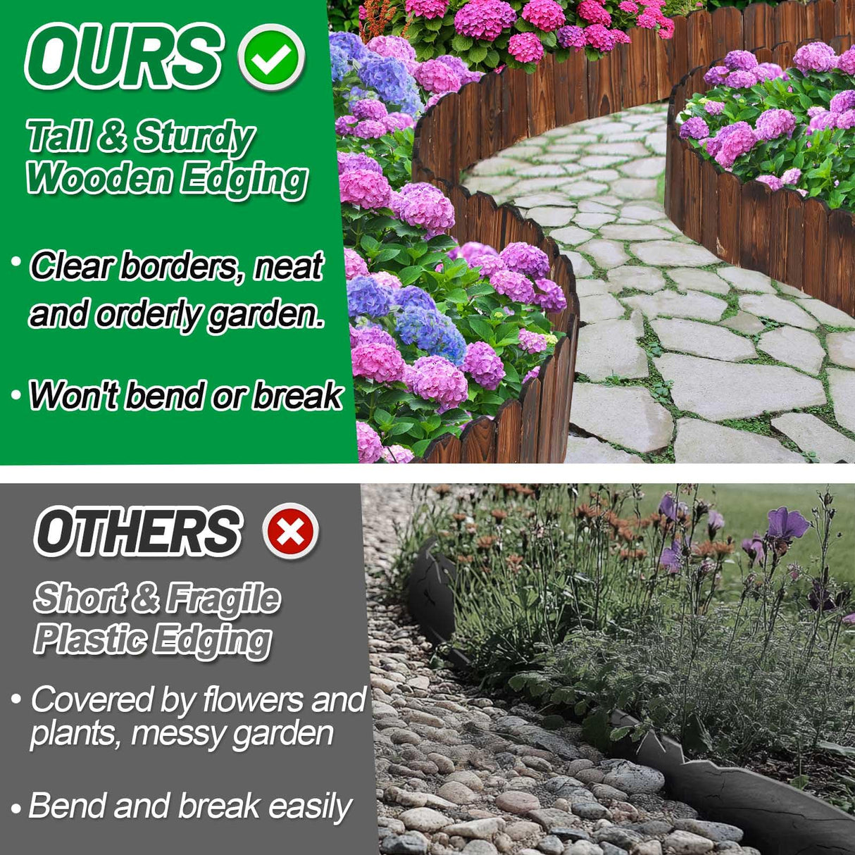 Wooden Garden Edging - 13.1ft x 11.8in Pine Landscape Border, Flexible Weather-Resistant Fences for Decorate Spring Outdoor Patio Yard Lawn Flower Beds