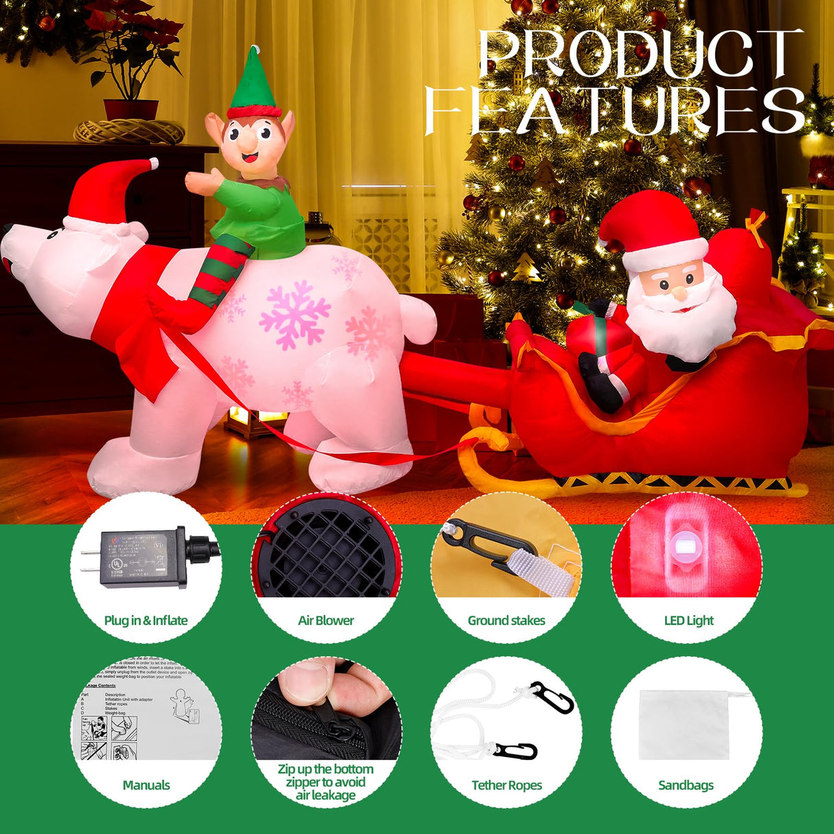 Max Fun 9.5Ft Christmas Inflatables Outdoors Decorations Santa Claus on Sleigh LEDs Build-in Blow Up Christmas Yard Inflatable Decoration for Outdoor Indoor Garden Lawn