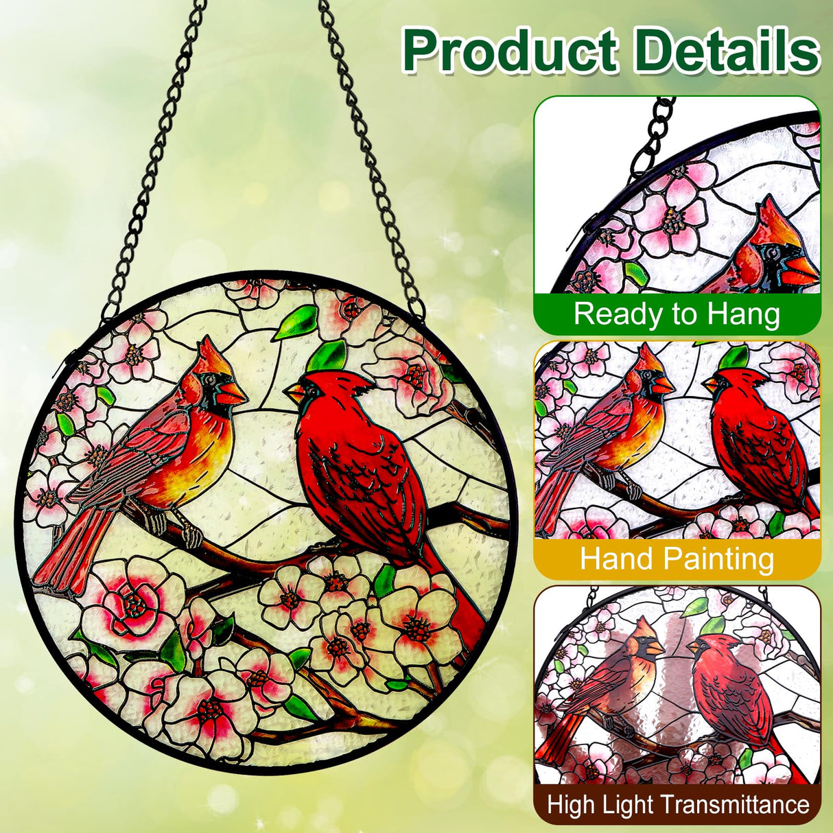 Remiawy Cardinal Stained Glass Window Hanging, 8 Inch Sun Catcher Glass Panel with Metal Chain and Hooks Suncatcher Indoor Window Wall Art Home Decor Gift for Bird Lovers Women Mother's Day Christmas