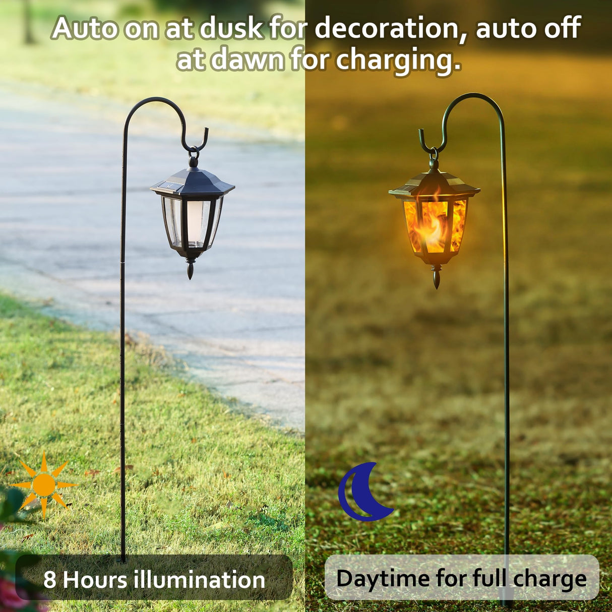 Dynaming 2 Pack Solar Flame Hanging Lights Outdoor, Halloween Solar Flickering Flame LED Garden Lanterns with 2 x 38 Inch Shepherd Hooks, Christmas Lighting for Lawn Patio Yard Pathway Driveway