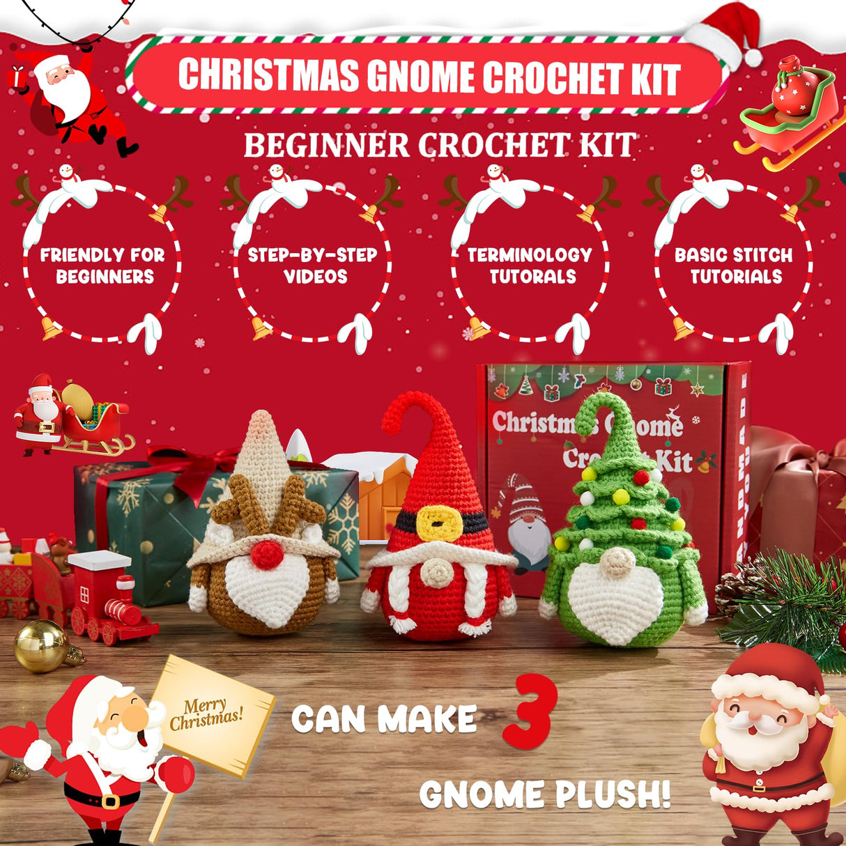 MAGIMUSE Christmas Crochet Kit for Beginners, Crochet Starter Kits for Adults Amigurumi Craft Knitting Crochet Animals Kits with Step-by-Step Video Tutorials, 3 Pack Gnome (40%+ Yarn)