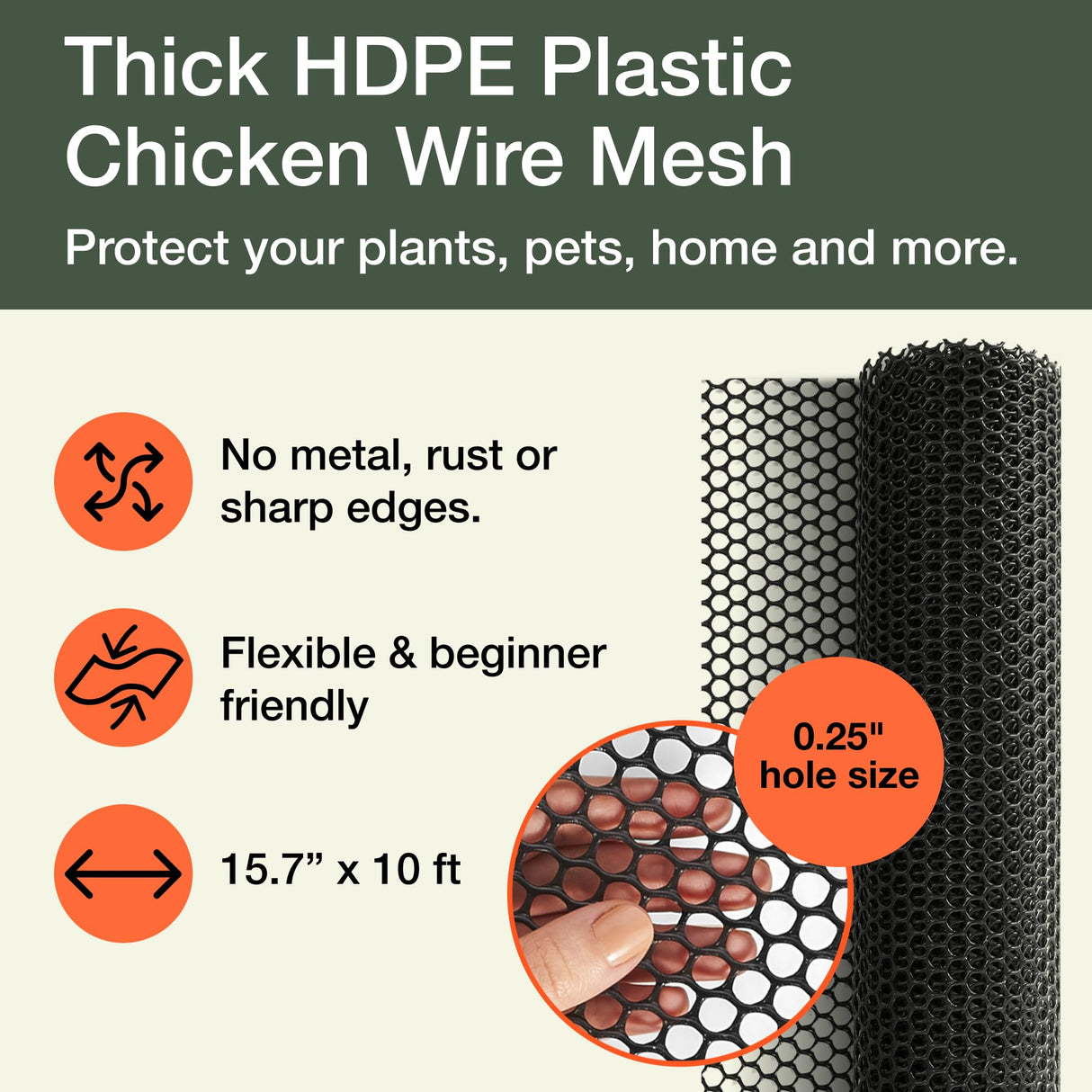 Maporch Plastic Chicken Wire Fencing for Pet Protection - 15.7" x 10ft, Black HDPE Mesh - Garden Fence Animal Barrier for Dogs, Cats and Rabbits (2-Pack)