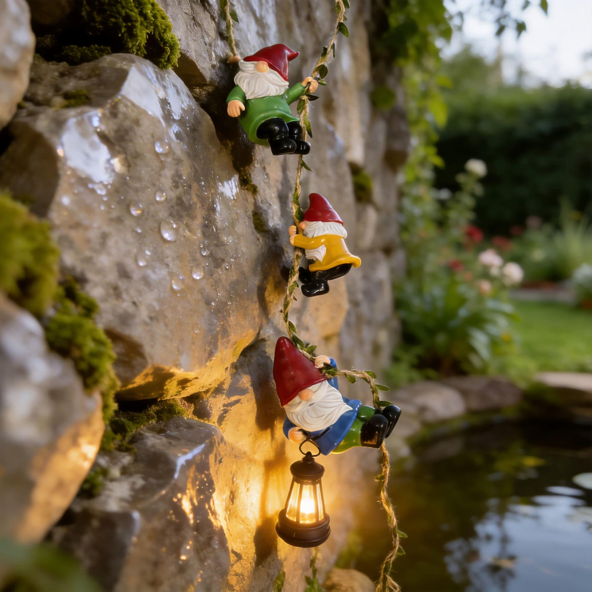 QCF Garden Gnomes Hanging Solar Lights, 3-Pack Climbing Rope Gnome Statues with LED Lantern, Resin Outdoor Decor for Yard Patio Door Tree Fence Wall, Housewarming Gifts for Women Mom Grandma