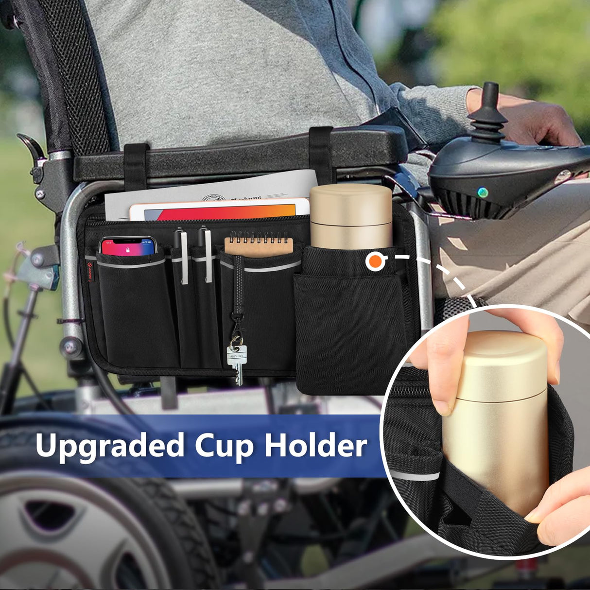 FINPAC Wheelchair Side Organizer Bag with Cup Holder, Wheelchair Armrest Accessories Pouch with Pen Slot and Reflective Strips for Power Wheelchairs, Walkers, Rollators, Adults, Seniors - Black