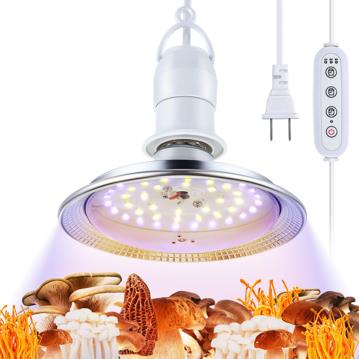 Meonum Mushroom Grow Light with 3/6/9 Hour Timer, 360° LED Hanging Grow Lights Bulb for Mushroom with 6.5ft Extension Cord, 6000K Blue&5000K White Lamp for Indoor Plants Growing Kit Supplies (1 Pack)