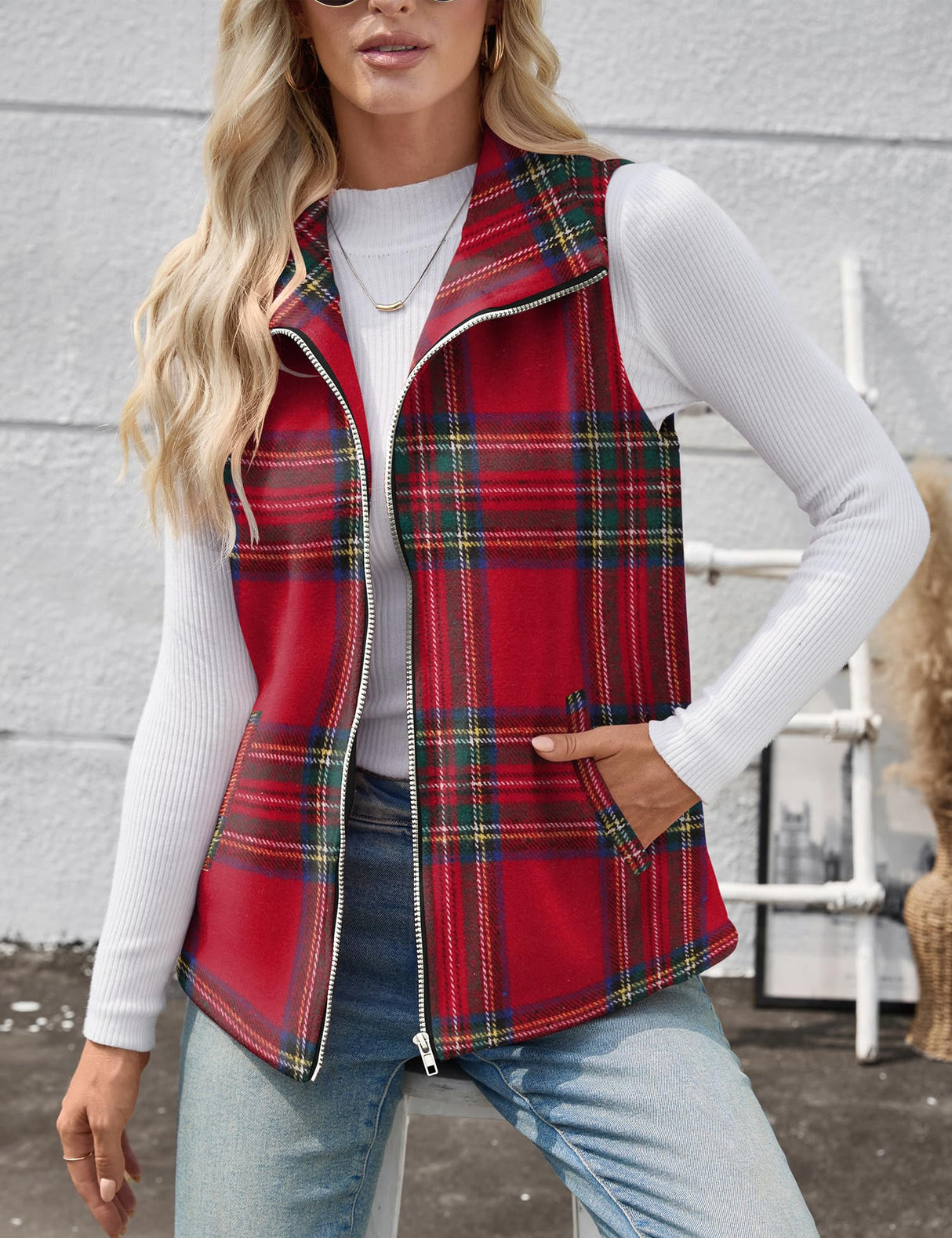 Rapbin Women's Dressy Casual Christmas Vest Cherckered Waistcoat Coat Sleeveless Jacket Vest Tops with Pockets