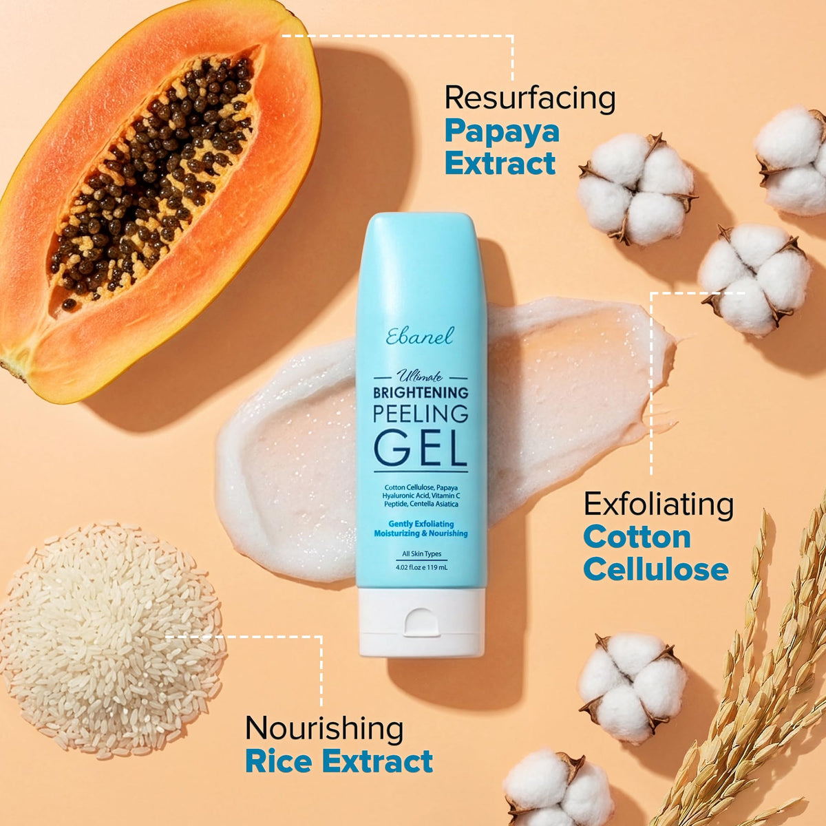 Ebanel Brightening Peeling Gel with Cellulose, Rice, Papaya, HA, Cica