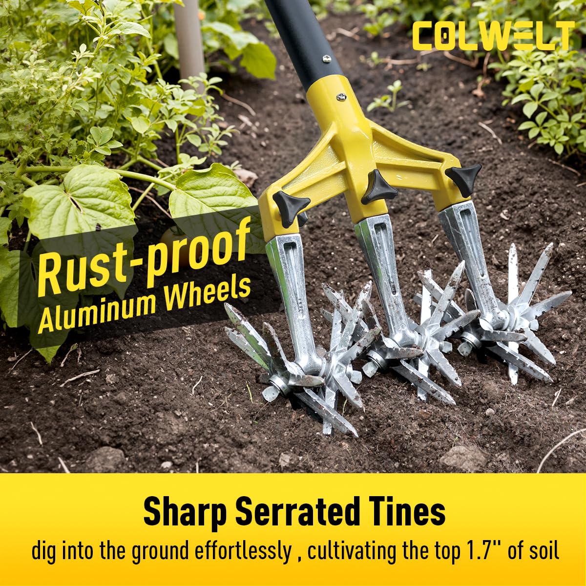 Colwelt Rotary Cultivator Garden Tool 61’’, Hand Tiller Garden Tool with Detachable Aluminum Tines, Cultivators for Gardening Soil or Reseeding Grass, Manual Cultivators & Tillers for Flowers Beds