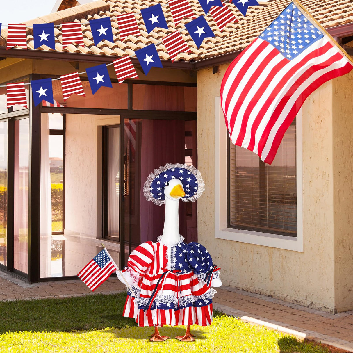 Suzile 250 Years 4th of July Porch Goose Outfit US Patriotic Independence Day Dresses Clothes for 17" High Goose Clothes Costume with Flag for Lawn Yard Outdoor Garden Patio Statue Memorial Day