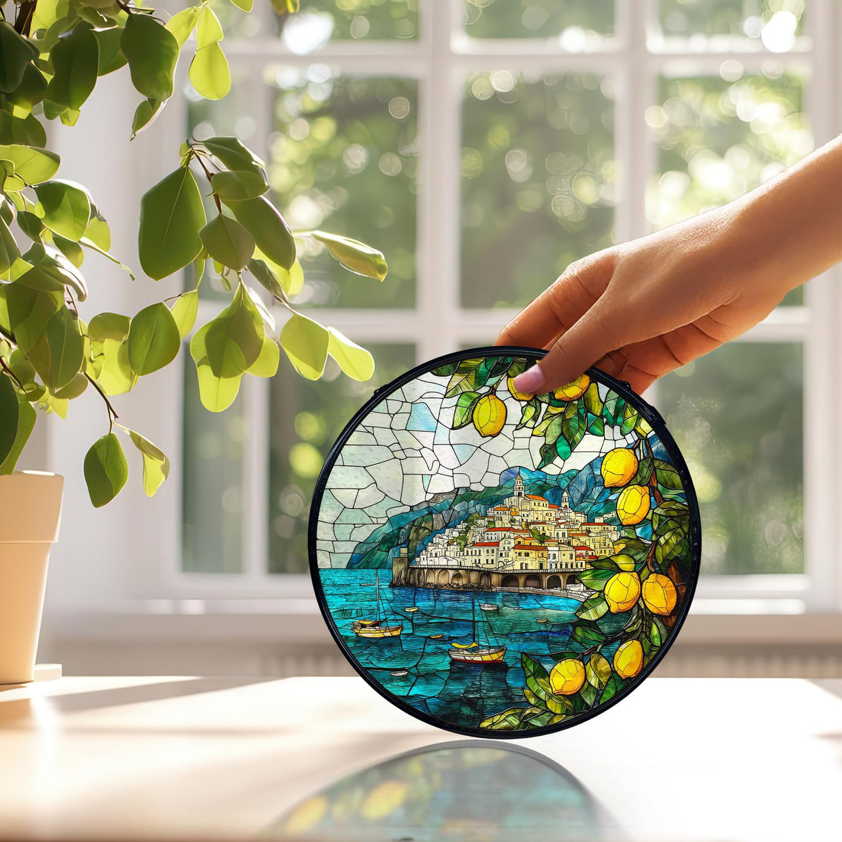 XINCEYWJ Mediterranean Tuscan Decor, Italian Lemon Amalfi Coast Suncatchers Stained Glass Window Hanging, Summer Beach Sun Catchers Indoor Window Glass Round Wall Decor, 7.9x7.9in