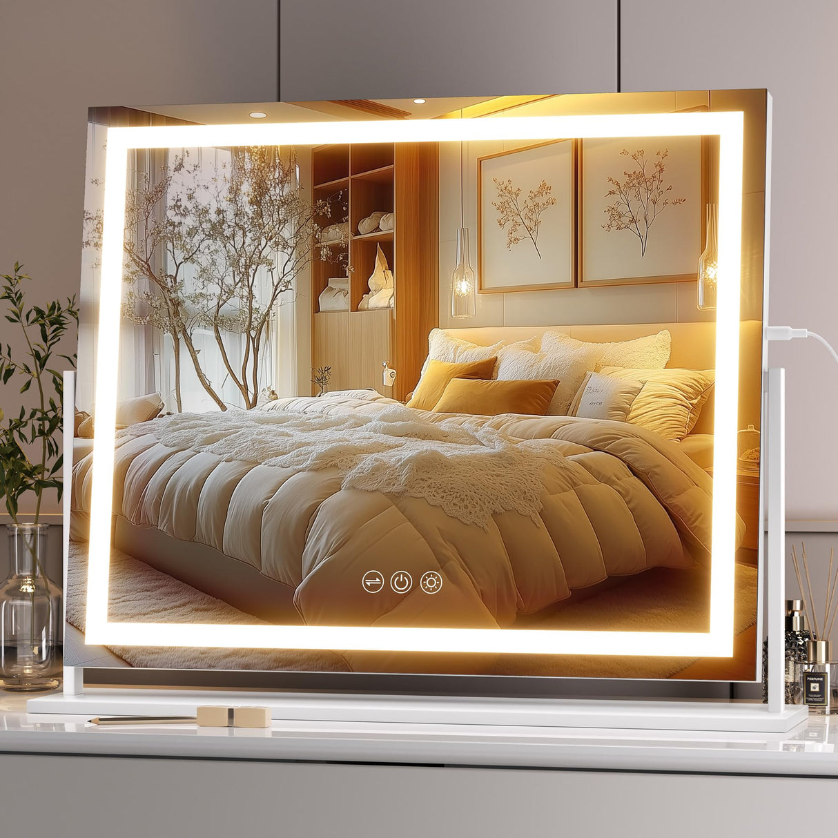 Hasipu Vanity Mirror with Lights, 23.6" x 18.1" LED Makeup Mirror, Light up Mirror with Smart Touch 3 Colors Dimmable, Brightness Adjustment, 360ยฐ Rotation (White)