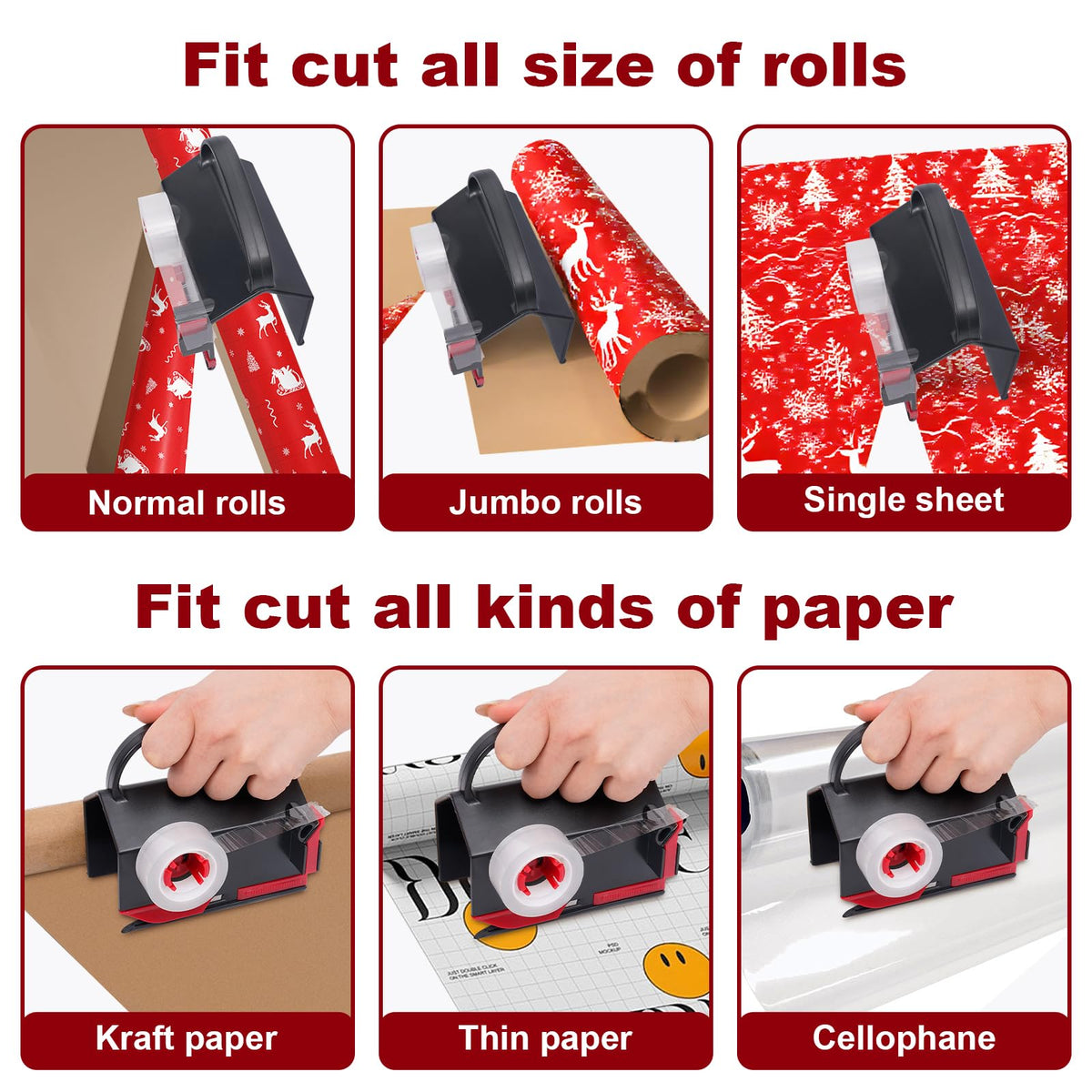 2-in-1 Wrapping Paper Cutter & Tape Dispenser, with 4 Tapes & 2 Blades 