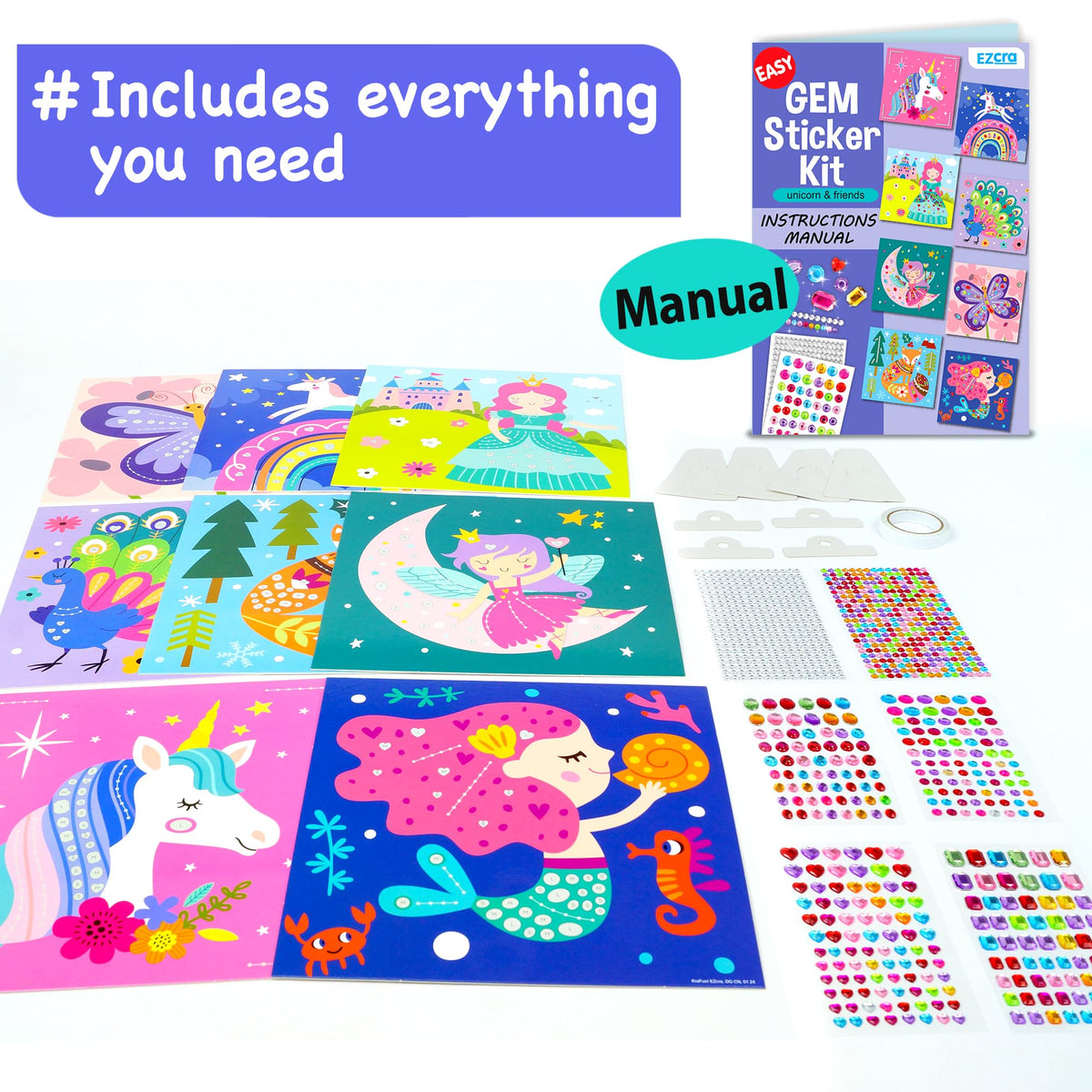 EZCRA Gem Sticker Kit for Kids - 990+ Stickers, 8 Unicorn Princess Themes