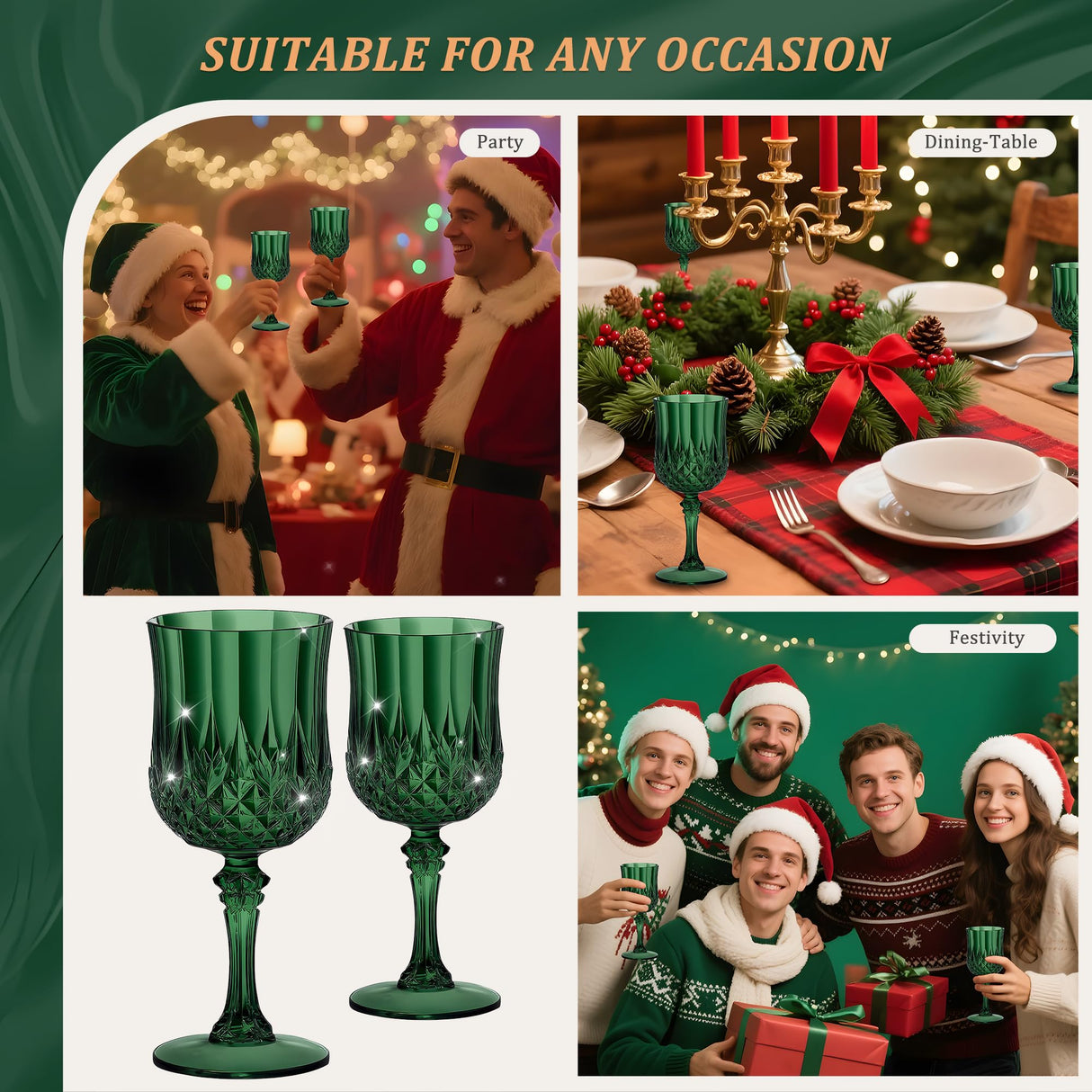 HTTBEIZI 24PCS 7OZ Dark Green Wine Plastic Glasses, Drinking Champagne Glasses Flutes Crystal Vintage Water Unbreakable Goblets for Christmas, Wedding, Parties