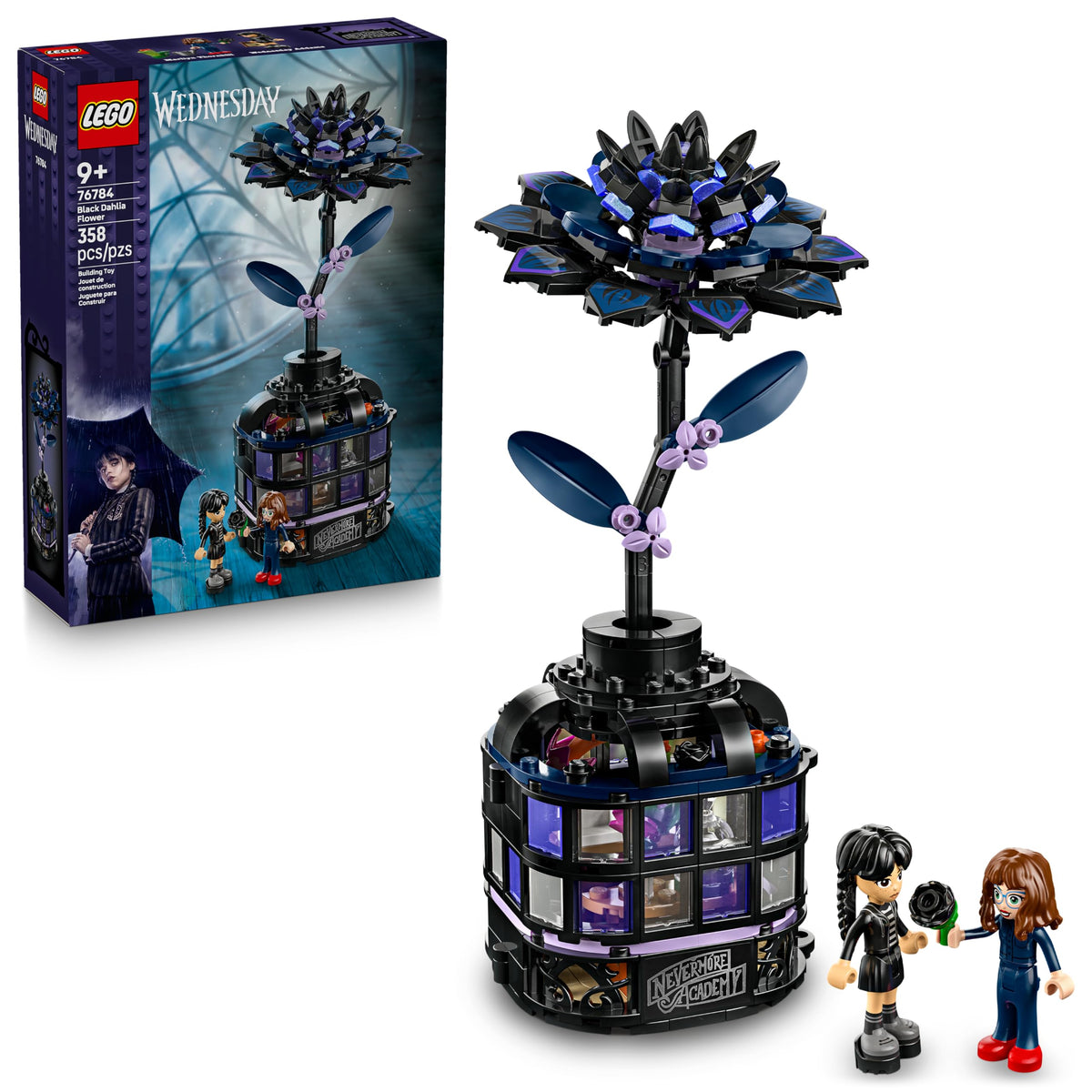 LEGO Wednesday Black Dahlia Flower Building Toy - Pretend Play Set for Girls & Boys, Ages 9+ - with Wednesday Addams & Professor Minidolls - Building Blocks for Kids - Gift Idea for Birthdays - 76784