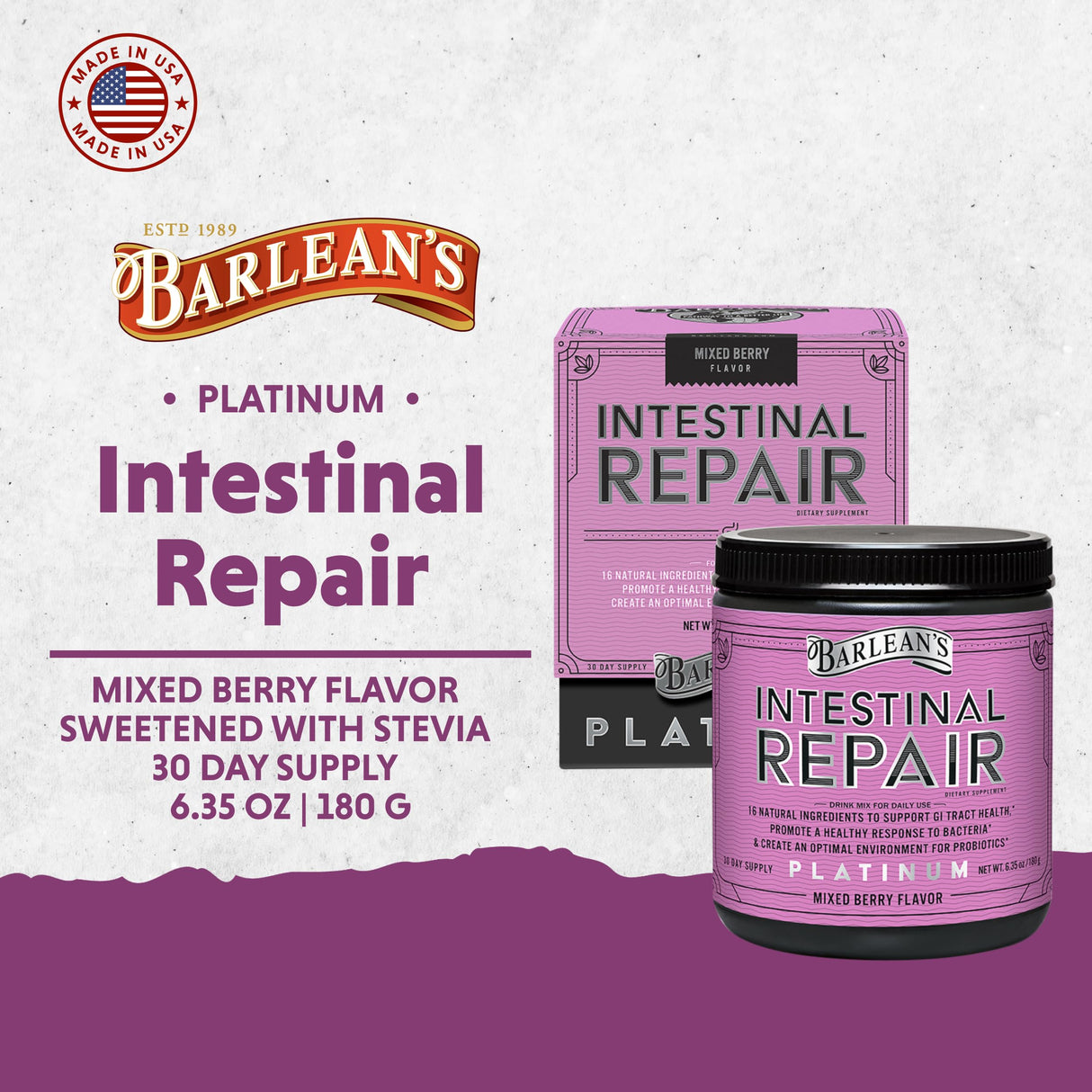 Barlean’s Intestinal Repair Gut Health Powder with 16 Digestive Supplements, L-Glutamine, Marshmallow & Licorice Root, Aloe Vera, and Fiber Mixed Berry Flavor, 6.35 oz
