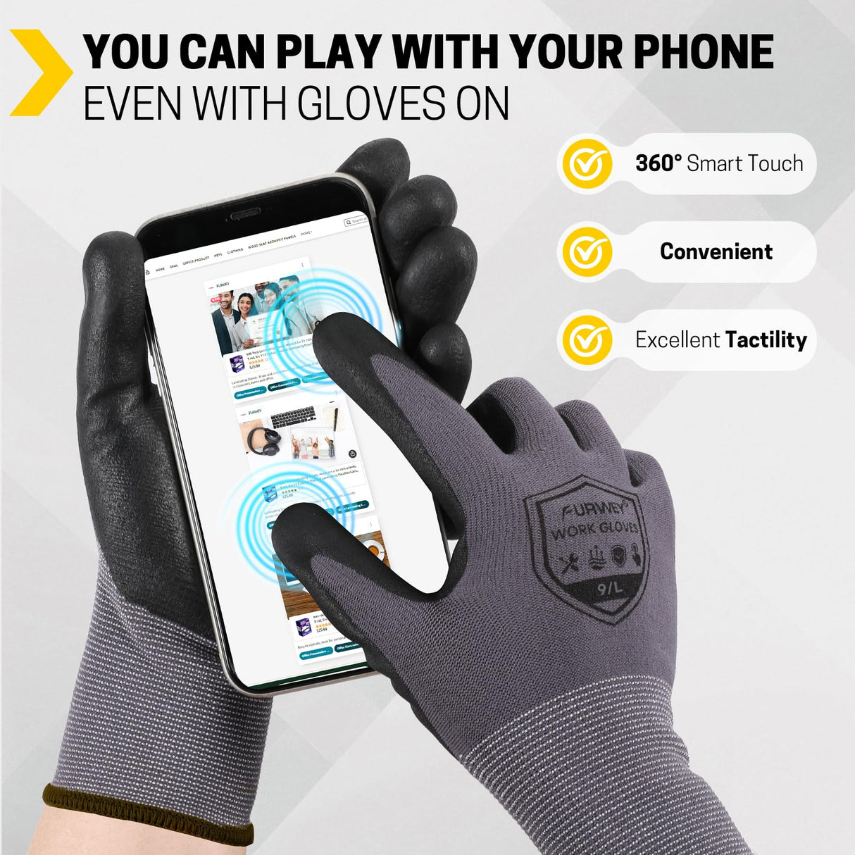 FURWEY Safety Work Gloves,16 Pairs Micro-Foam Nitrile Coated Glove for Men and Women, Touchscreen, Ideal for Warehouse Package Handling,Construction, Gardening, Large