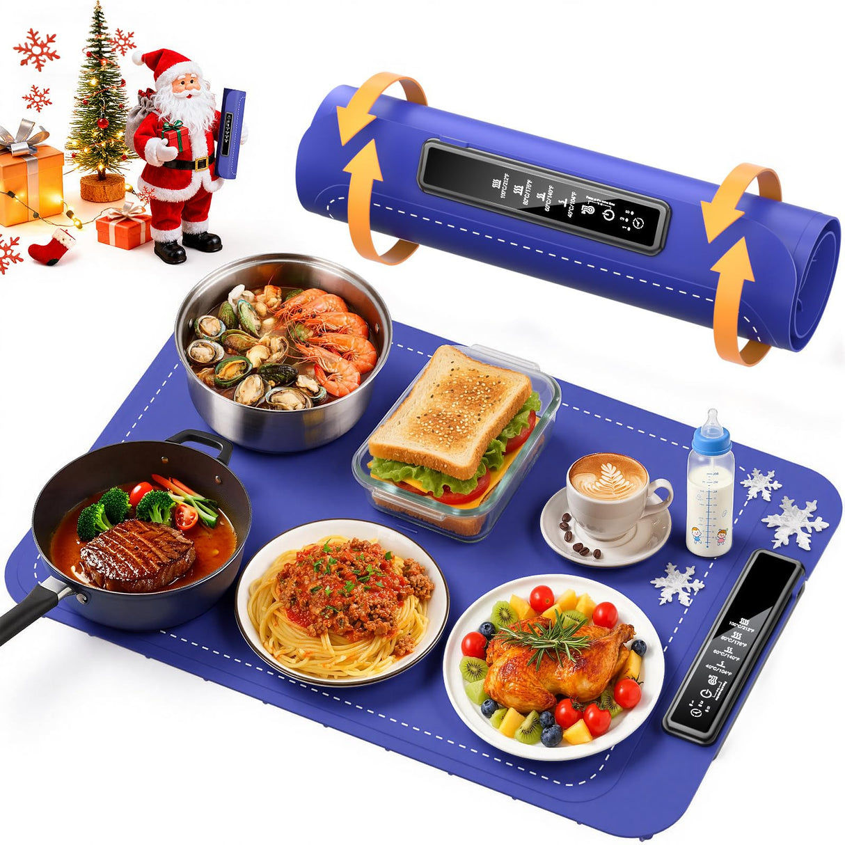 Warming mat for Food, Food Warming Mat - New Upgraded Fast Heating Silicone Electric Warming Tray, Larger Touch Screen, Higher Feet, Roll Up Warming Mat for Food, Portable Food Warmer, Blue