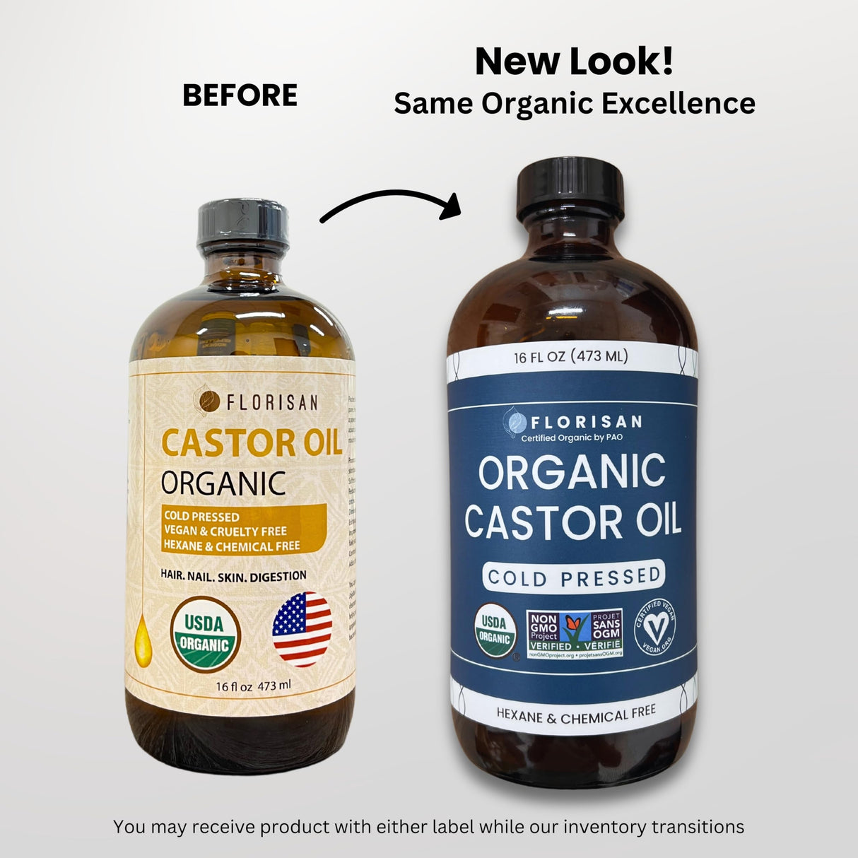 Florisan Organic Castor Oil, EWG Verified & USDA Organic Certified, 16oz, Cold-Pressed, Hexane-Free, Non-GMO, For Hair, Skin, Lashes, Brows, 100% Pure Castor Oil