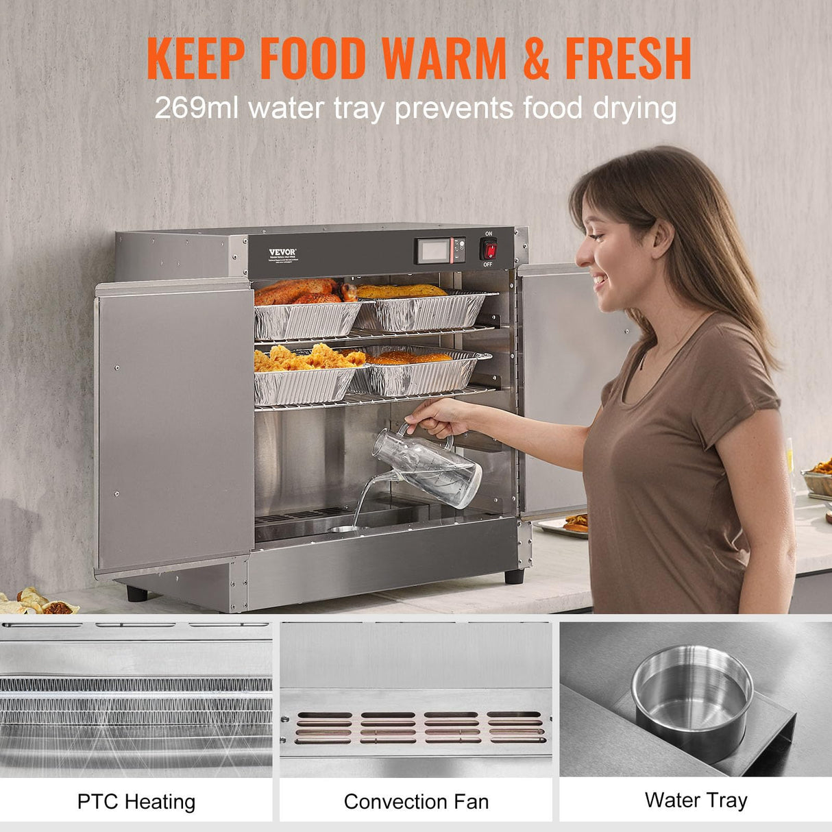 VEVOR Hot Box Food Warmer, 4-Tier Concession Warmer with Water Tray, 4 Pans, Double-Door and Adjustable Shelves, Stainless Steel Food Warmer Cabinet, Ideal for Storing Pizza, Chicken, Restaurant
