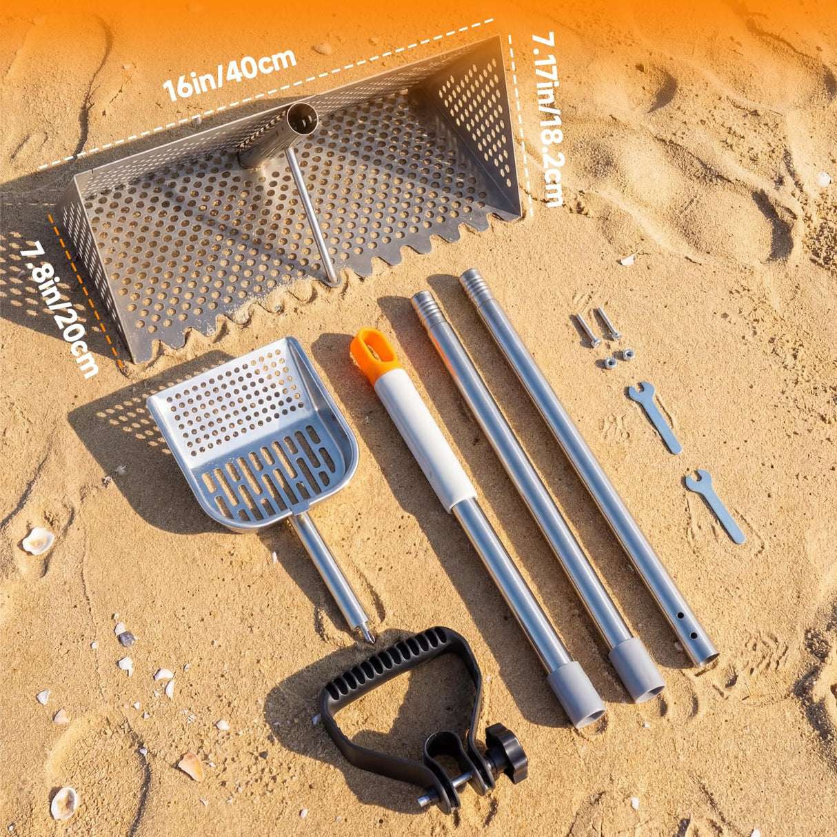 Sand Flea Rake with Beach Mesh Shovel, Detachable Long Handle Sand Sifter for Beach, The Shark Tooth Screen Comes with 16in Width Drain Screen with 52in Handle