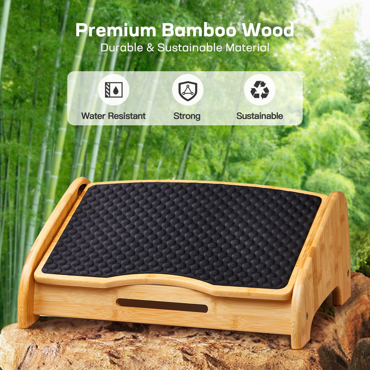 HUANUO Bamboo Foot Rest for Under Desk at Work, Ergonomic Foot Rest with 4 Height Settings, Pebble Massage Surface, Non-Slip Under Desk Footrest for Better Posture, Foot Rest for Home & Office, HNFR11