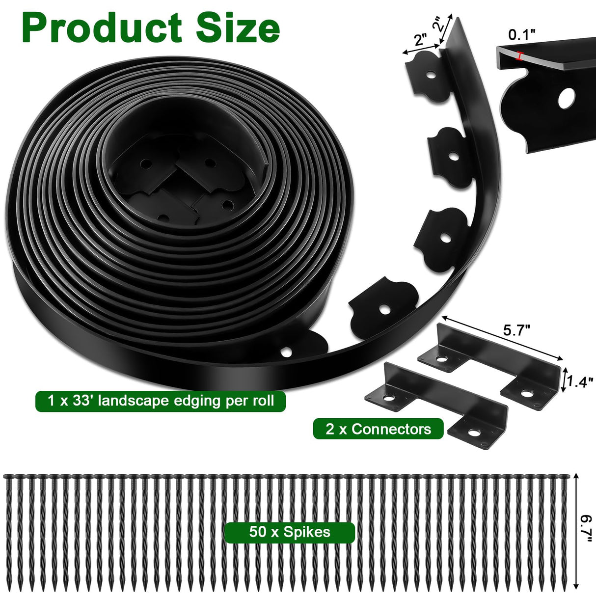 Landscape Edging, 2 Inch Tall 33 Ft No Dig Landscape Garden Edging Border Kit with 50 Anchoring Spikes, Plastic Garden Border for Landscaping Flower Bed Lawn Yard Grass Paver Pathway Walkway, Black