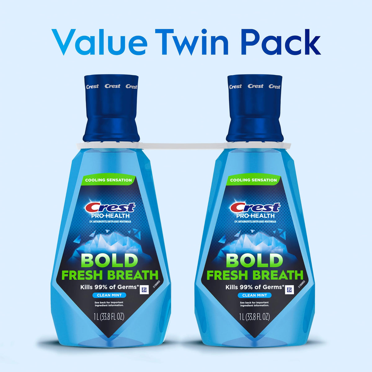 Crest Mouthwash Pro-Health Bold Fresh Breath, 99% Germ Kill, Antigingivitis & Antiplaque, Clean Mint - 1 L (33.8 fl oz), Pack of 2