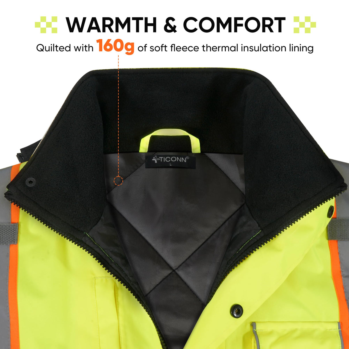 TICONN Waterproof Safety Bomber Jacket, Winter Rain Jacket Hi Vis Reflective, ANSI Class 3 Work Rain Coat (Orange, 2XL)