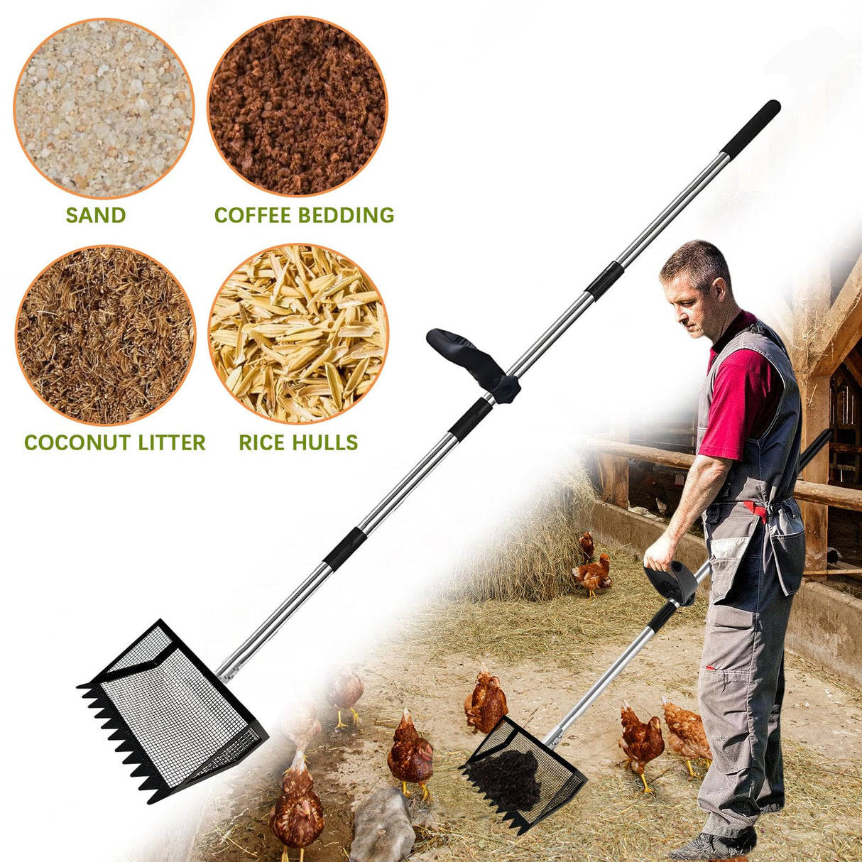 12" Metal Chicken Poop Scooper Rake for Sand with 24 to 68" Handle, Adjustable Chicken Poop Scooper for Poop,Wide 10”Poop Shovel Cleaning Tools, Heavy Duty Sifting Shovel (Black Max)
