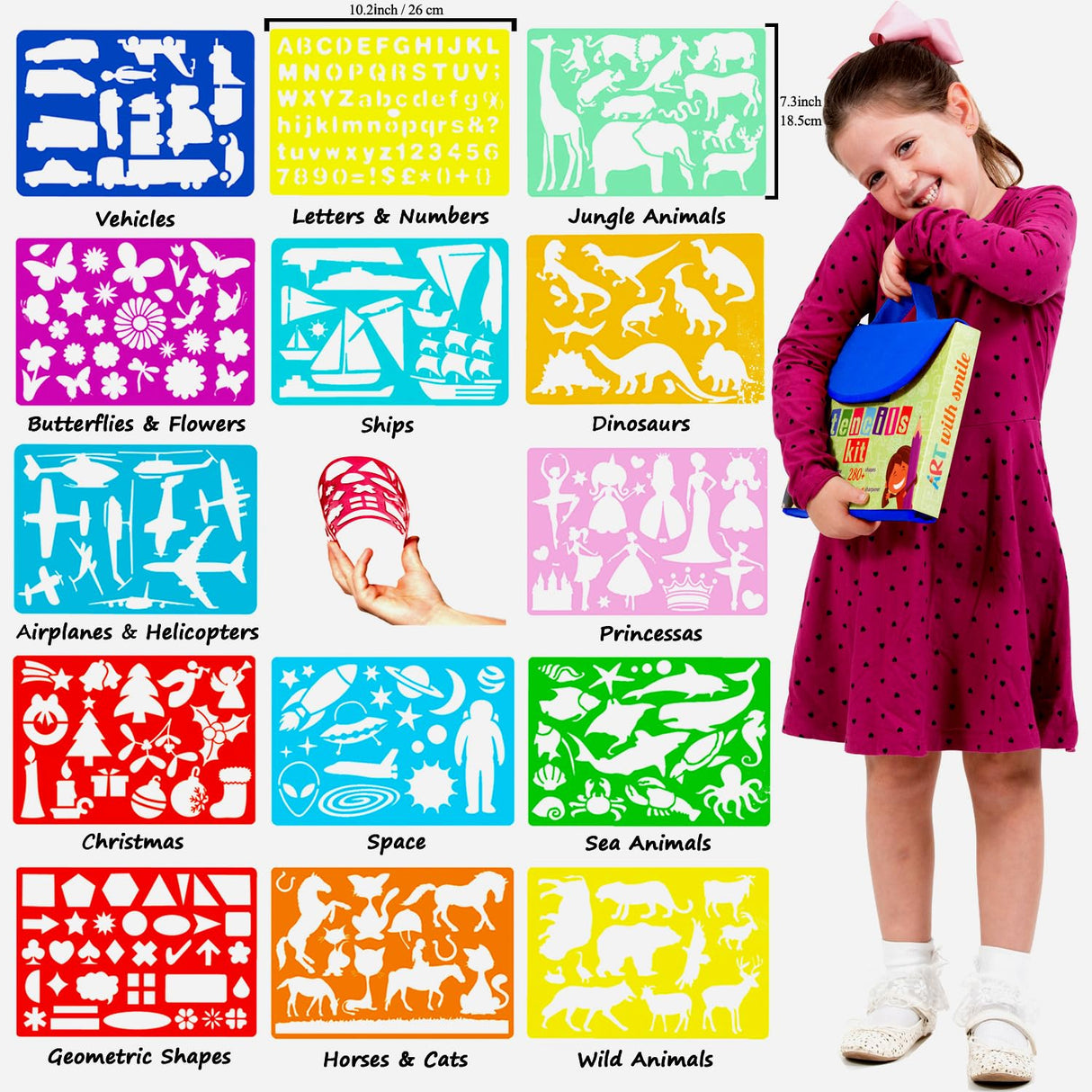 Drawing Stencils Set for Kids (55 Piece) - Arts and Crafts Set for Girls & Boys - Christmas & Birthday Gifts for Kids 4 5 6 7 8 9+ Year Old - Ideal Creativity Kit & Travel Activity with 300+ Shapes